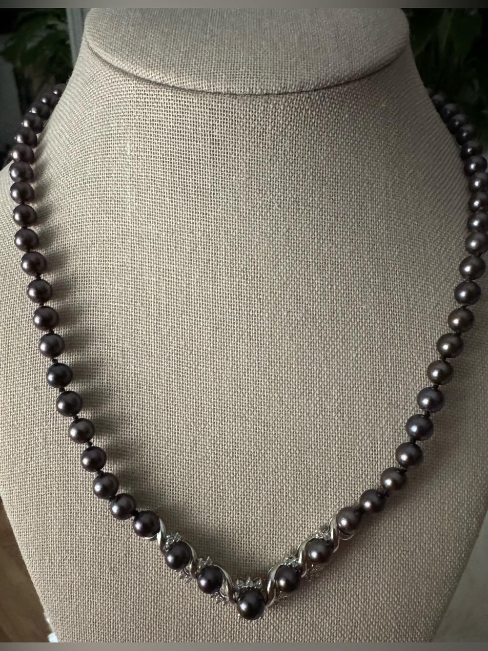 14K White Gold Dyed Black Pearl and Diamond Necklace